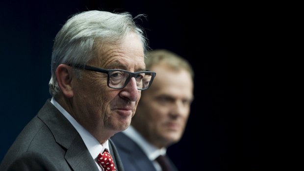 European Commission President Jean-Claude Juncker, left, and European Council President Donald Tusk at the European Council headquarters on Thursday.