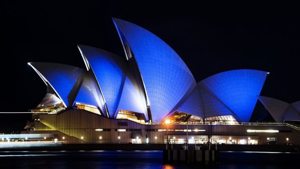 The Sydney Opera House is lit blue on April 2, 2015, the United Nations' World Autism Awareness Day. 