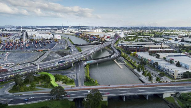 An artist's impression of the proposed West Gate Tunnel as it crosses the Maribyrnong River. 