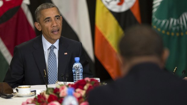 Barack Obama speaks during a multilateral meeting on South Sudan and counter-terrorism issues with Kenya, Sudan, Ethiopia, the African Union and Uganda in Addis Ababa.