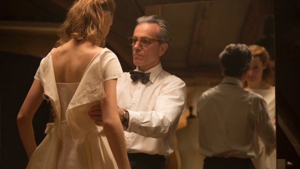 Vicky Krieps, left, and Daniel Day-Lewis in a scene from <i>Phantom Thread</i>.