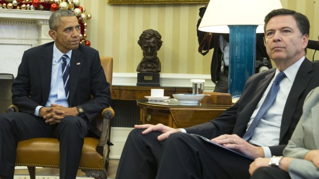 US President Barack Obama and FBI director James Comey in the Oval Office of the White House after the San Bernardino massacre. 