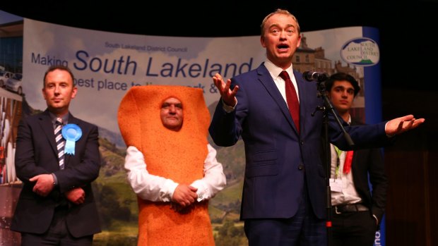 Liberal Democrats leader Tim Farron celebrates following the announcement of the results at the Westmoorland and Lonsdale constituency.