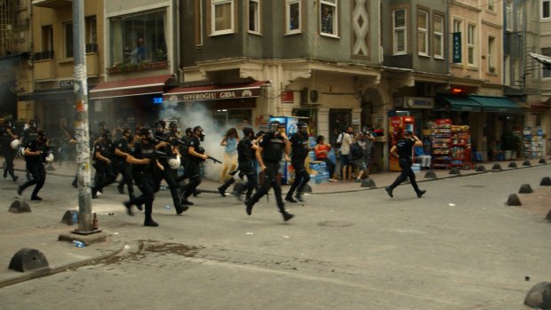 A scene from the documentary Mr Gay Syria shows Turkish police breaking up a gay rights parade in Istanbul.