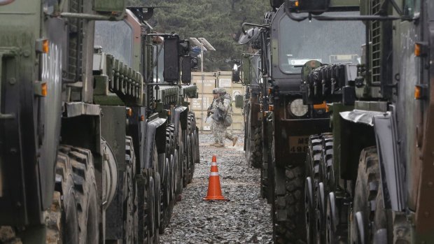 US soldiers patrol during a US-South Korea joint exercise  in Pohang, South Korea, on Tuesday.