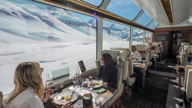 The Glacier Express is billed as the "slowest express train in the world". It runs between St. Moritz and Zermatt in Switzerland.