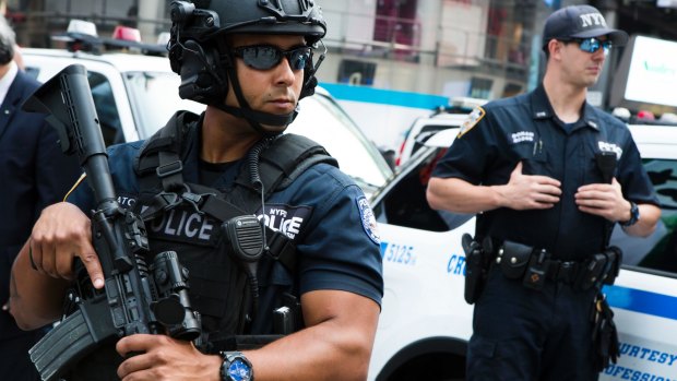 Members of the NYPD Counterterrorism Unit stand guard in Time Square.