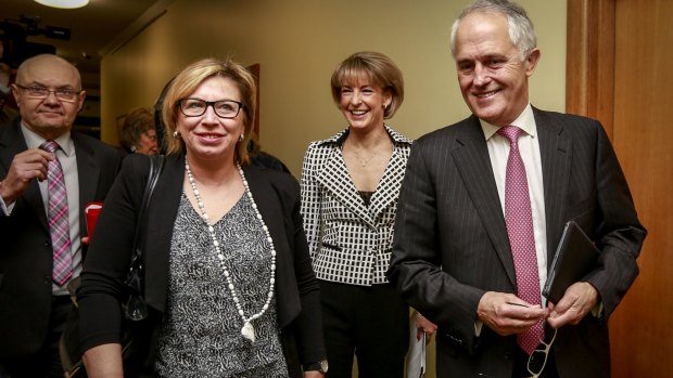 Rosie Batty with Prime Minister Malcolm Turnbull and Minister for Women Michaelia Cash.