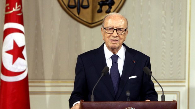 Tunisian President Beji Caid Essebsi announcing the state of emergency powers.