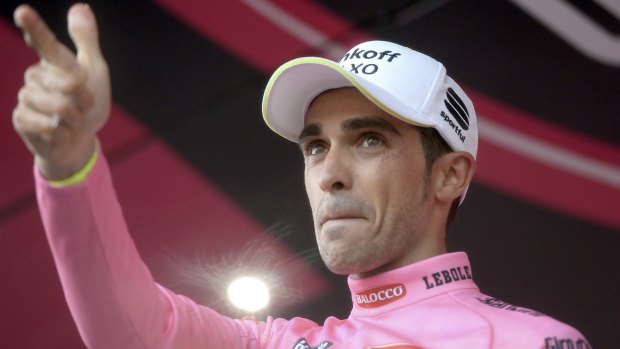 Alberto Contador celebrates in pink after the 152km fifth stage of the Giro d'Italia.