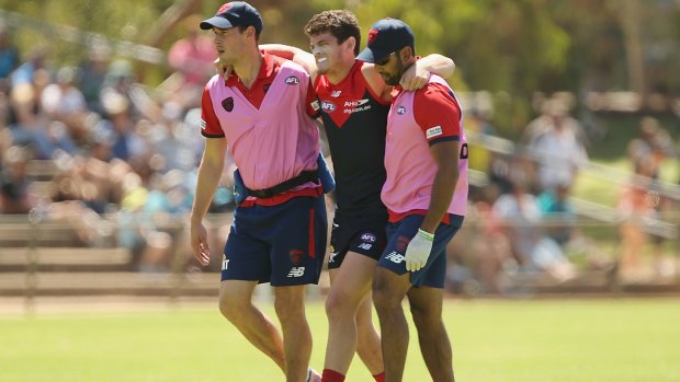 On ice: Demon Angus Brayshaw is assisted from the field after hurting his knee. 