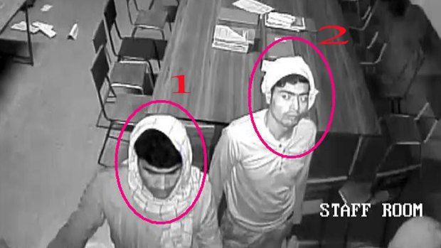 This closed circuit television image captured on Saturday at the Convent of Jesus and Mary in Ranaghat and released by West Bengal Police shows two of the ten suspects in the gang-rape of a 71-year-old nun at the convent.