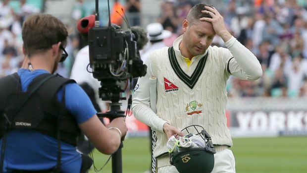 Australia's Michael Clarke leaves the field after being dismissed by Ben Stokes.