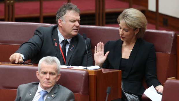One Nation senator Rod Culleton (left), pictured with government senator Michaelia Cash, voted for the lower 10.5 per cent tax rate, splitting with the rest of his party.