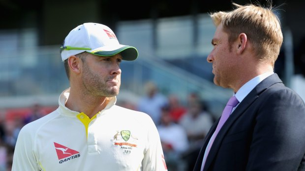 A friend in need is ... Australia captain Michael Clarke chats with former teammate and close friend Shane Warne after a horror third Ashes Test. Warne has suggested Clarke takes some days off.