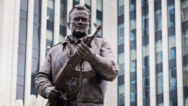 The monument to Mikhail Kalashnikov whose weapon is considered to have killed more people than all others put together.