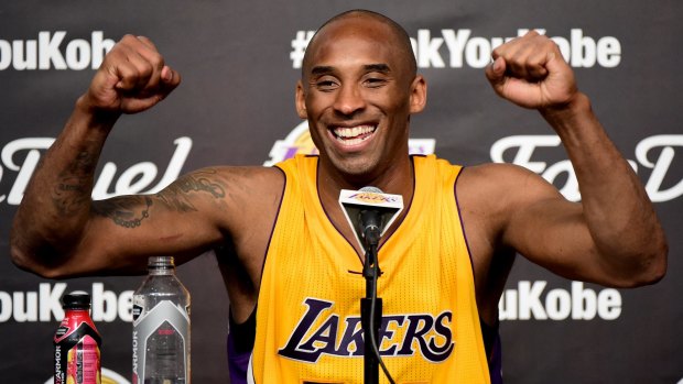 Legendary end:  Kobe Bryant smiles during the post-game media conference.