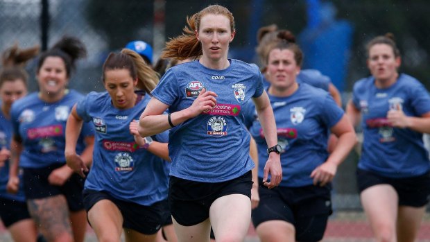 Tiarna Ernst leads the pack at Bulldogs training.