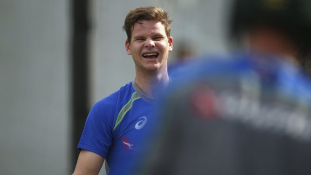 Relaxed: Steve Smith during an Australia nets session at Hagley Oval.