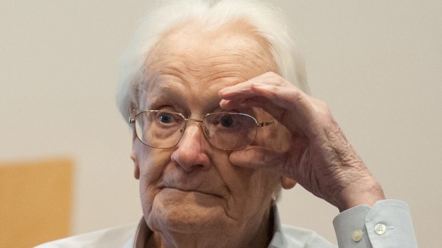 Defendant and former Nazi SS officer Oskar Groening, dubbed the 'bookkeeper of Auschwitz', sits in the courtroom prior to the continuation of his trial in Lueneburg, Germany.