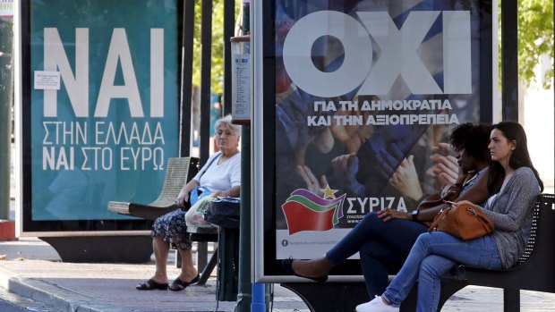 Referendum campaign posters that reads "No" and "Yes" in Greek in Athens, Greece. 
