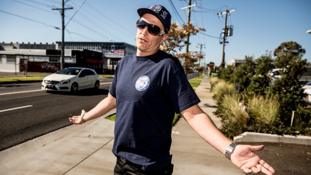 True Blue Crew leader Kane Miller outside the meeting on Sunday.