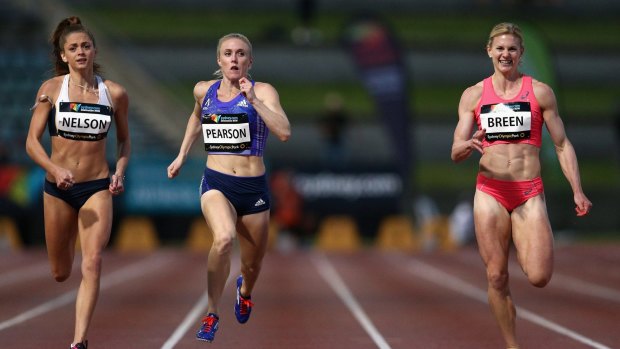 Below par: Sally Pearson (centre) finishes third to Ella Nelson (left) and Melissa Breen in Sydney.
