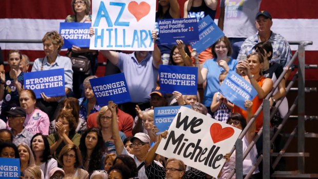 Fans show their support for Michelle Obama in Phoenix, Arizona.