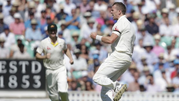 Jubilant: Australia's Peter Siddle celebrates after taking the wicket of England's Adam Lyth.