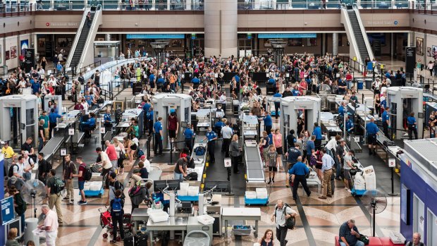 The TSA security check at Denver Airport, Colorado.