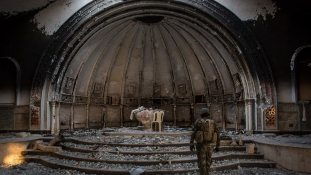 The destroyed church in Qaraqosh, Iraq. The largely Assyrian City just 32km south-east of Mosul was taken by IS in August 2014.