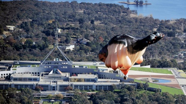 The Skywhale flying over Canberra during the centenary. It has since floated on to favourable skies in Brazil and Ireland.