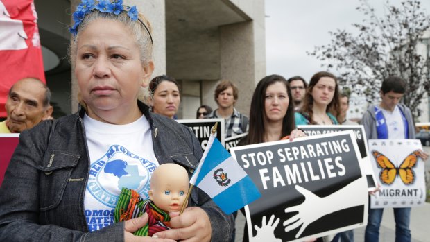 Guatemalan immigrant Amariliz Ortiz protests against immigration raids under the Obama administration during a rally with  the Coalition for Humane Immigrant Rights of Los Angeles outside the ICE Metropolitan Detention Centre in downtown Los Angeles in May 2016.