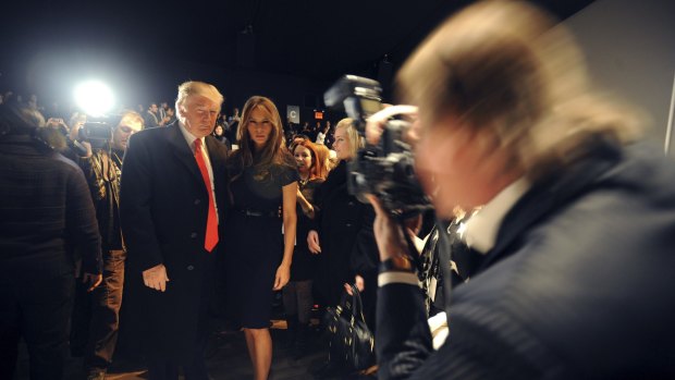 Donald Trump and wife Melania Trump at Bryant Park during New York Fashion Week in 2010.
