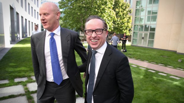 Business Council of Australia board members Ian Narev and Alan Joyce at Parliament House in Canberra on Wednesday.