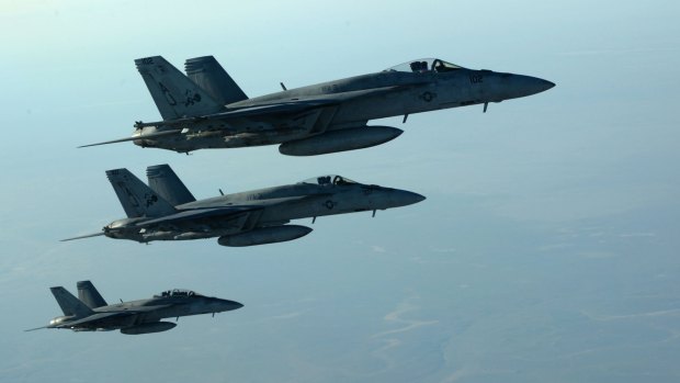 US Navy Super Hornets after receiving fuel over northern Iraq.