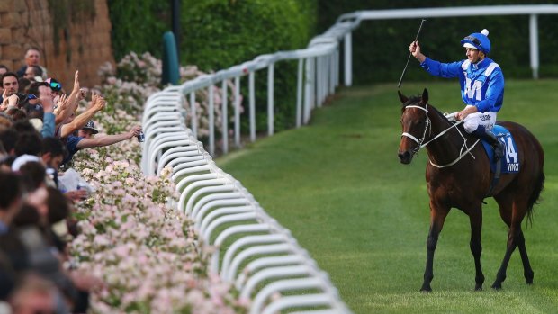 Memorable win: Hugh Bowman salutes the crowd after Winx’s remarkable Cox Plate run. 