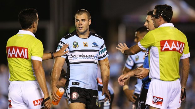Bemused: Cronulla captain Wade Graham speaks to the referees.