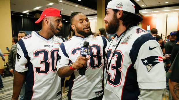 Build-up to Super Bowl: Nate Ebner (right) with New England Patriots teammates Brandon Bolden (centre) and Duron Harmon.
