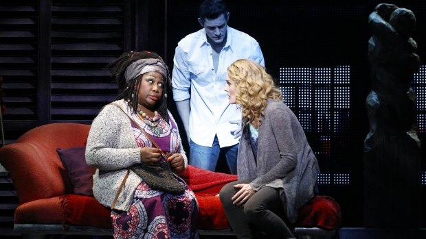 Unambiguously funny: Oda Mae Brown (Wendy Mae Brown) with Sam (Rob Mills) and Molly (Jemma Rix) in Ghost the Musical.