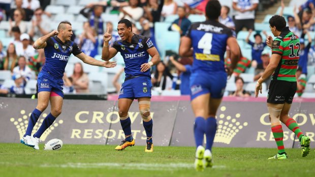 Devoted: Will Hopoate celebrates scoring a try during the round four NRL match between the South Sydney Rabbitohs and the Canterbury Bulldogs at ANZ Stadium on Good Friday.
