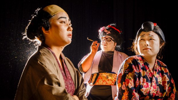 ANU Za Kabuki members Nami Yasuda, Alex Pietrzak, and Wei Zhou bring alive the characters of Chobei, Okoma, and Ohisa during a dress rehearsal of Top Knot Bunshichi. 
