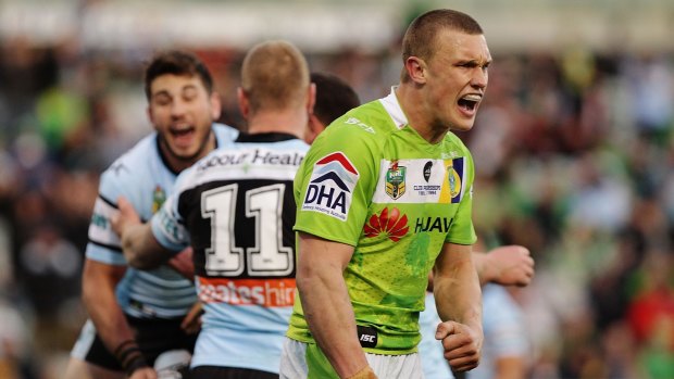 Jack Wighton of the Raiders reacts after the Sharks score at Canberra Stadium.