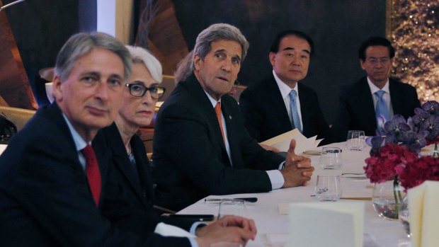 British Foreign Secretary Philip Hammond, US Under-Secretary for Political Affairs Wendy Sherman, US Secretary of State John Kerry and China's Deputy Foreign Minister Li Baodong are meeting at the Palais Coburg Hotel, the venue of the nuclear talks in Vienna on Sunday.
