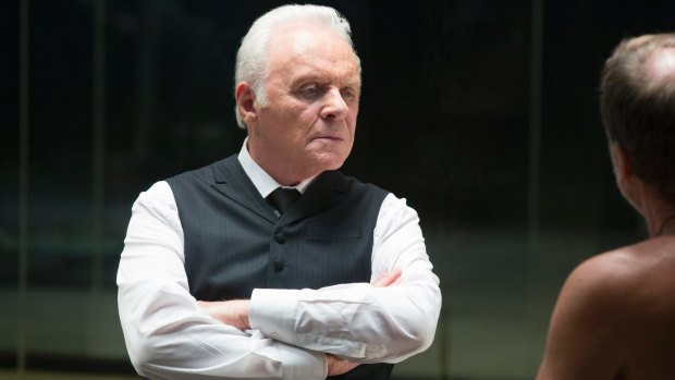 Dr Robert Ford (Anthony Hopkins) contemplates a malfunctioning "host" in the TV series Westworld.