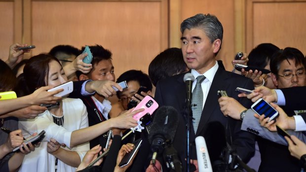 Sung Kim, US special representative for North Korea policy, speaks to the media after a meeting with his Japanese counterpart Junichi Ihara and South Korean counterpart Hwang Joon-Kook in Seoul on Wednesday. 