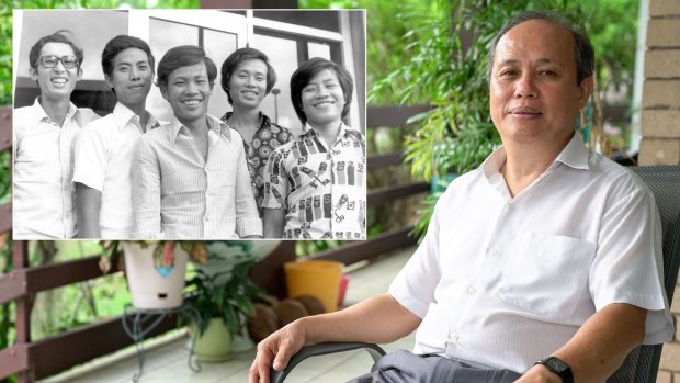 Former Vietnamese asylum seeker Lam Tac Tam in Darwin. Inset: Lam Tac (second from right) with the four  other Vietnamese boat people with whom he arrived in Darwin in 1976.