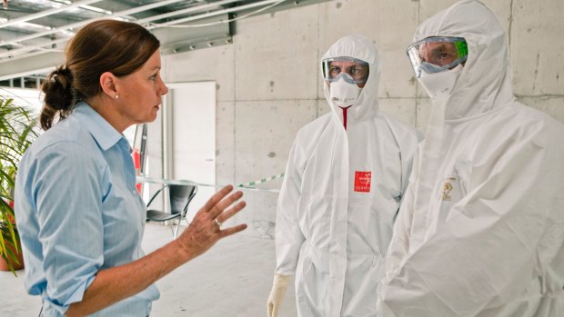 Aspen Medical Ebola training: Clinical training manager Jane Armstrong with Dr John Gerrard and Dr John Parker.