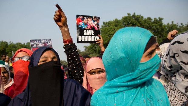 Indian Muslims protest against the persecution of Rohingya Muslims, in New Delhi, India, on Wednesday.
