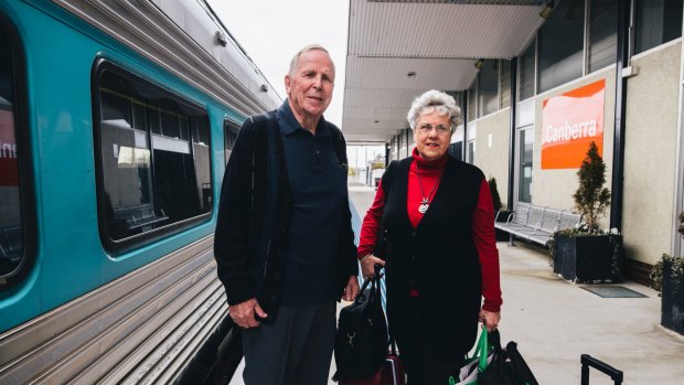 Hendrika and John Van Dijk of Rivett waiting to board the train from Canberra to Sydney on Sunday morning.